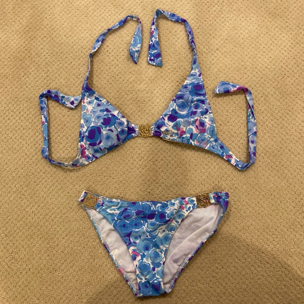 ABS Allen Schwartz Blue Roses Bikini Set 4 6 Metal Embellishments
